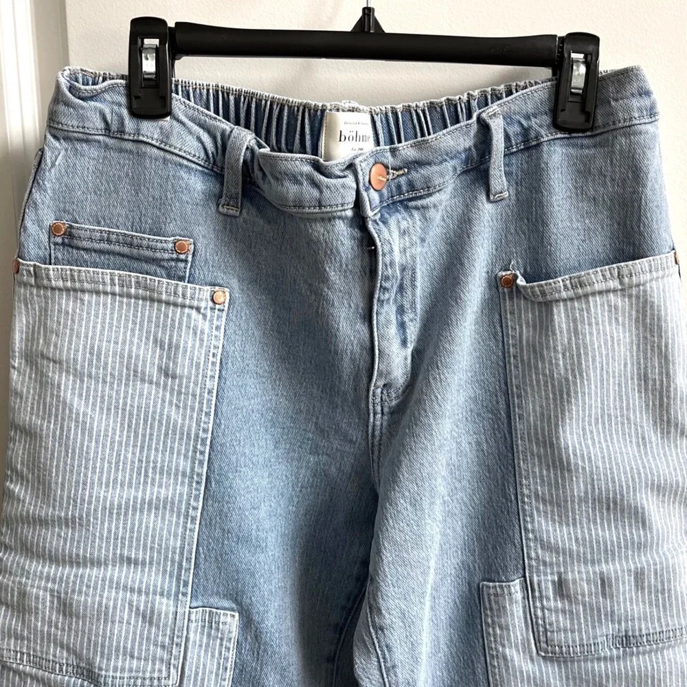 Bohme Wide Leg Jeans Womens‎ 30 Light Wash Pinstripe Patch Utility FL2112HR-BH